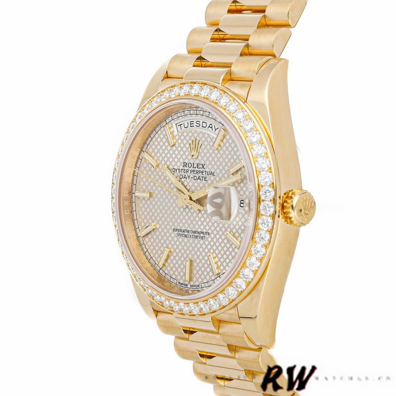 Rolex Day-Date 228348RBR Silver Diagonal Motif Dial Diamond Bezel 40mm Mens Replica Watch - Image 3