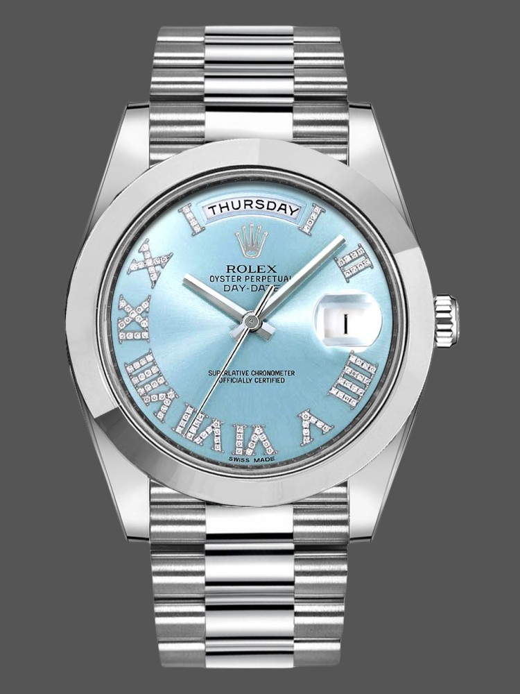 Rolex Day-Date 218206 Glacier Blue Diamond Roman Dial Platinum 41MM Mens Replica Watch
