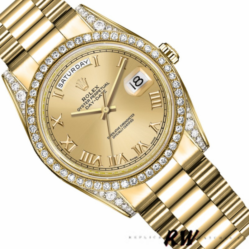 Rolex Day-Date 118388 Diamond Bezel Champagne Roman Numeral Dial 36MM Unisex Replica Watch - Image 4