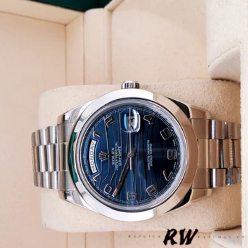 Rolex Day-Date 218206 Wave Pattern Blue Dial Platinum 41MM Mens Replica Watch - Image 4