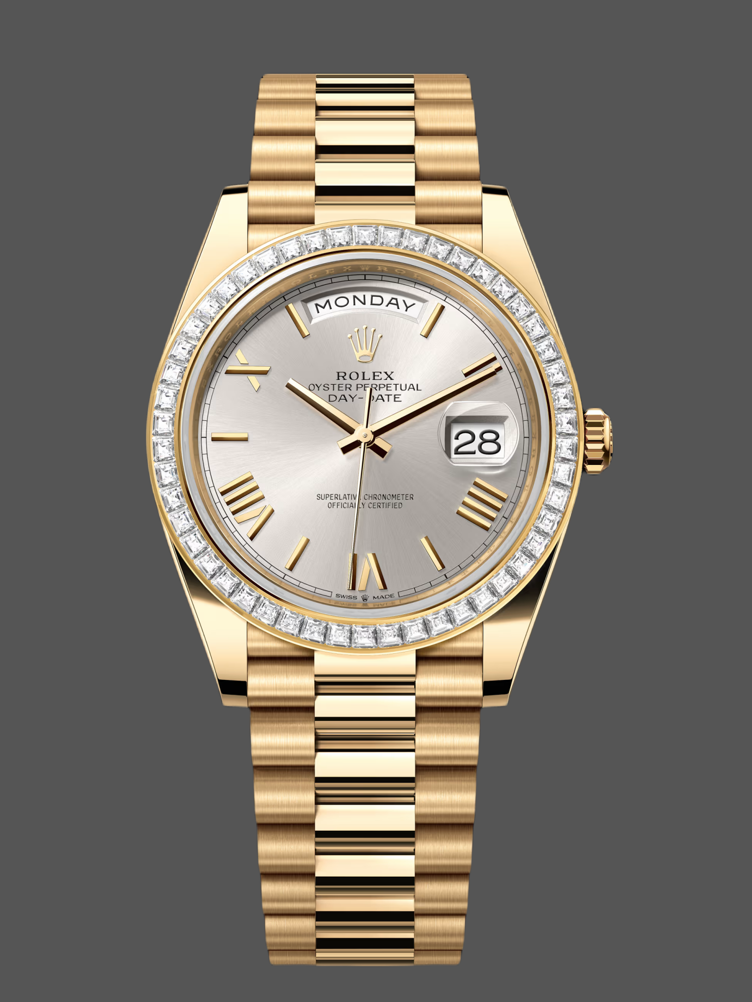 Rolex Day-Date 228398TBR Silver Roman Numeral Dial Diamond Bezel 40mm Mens Replica Watch