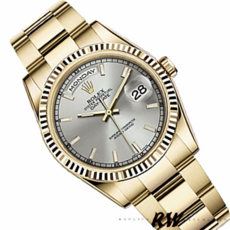 Rolex Day-Date 118238 Yellow Gold Silver dial Fluted Bezel 36mm Unisex Replica Watch - Image 2