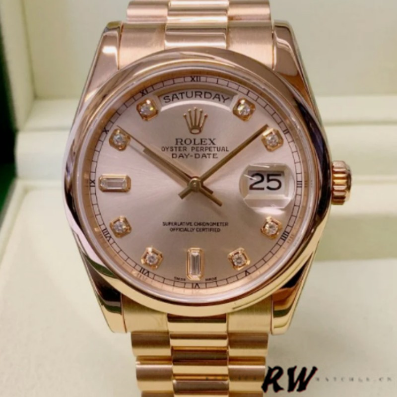 Rolex Day-Date 118205 Rose Gold Champagne Diamond Dial 36mm Unisex Replica Watch - Image 2