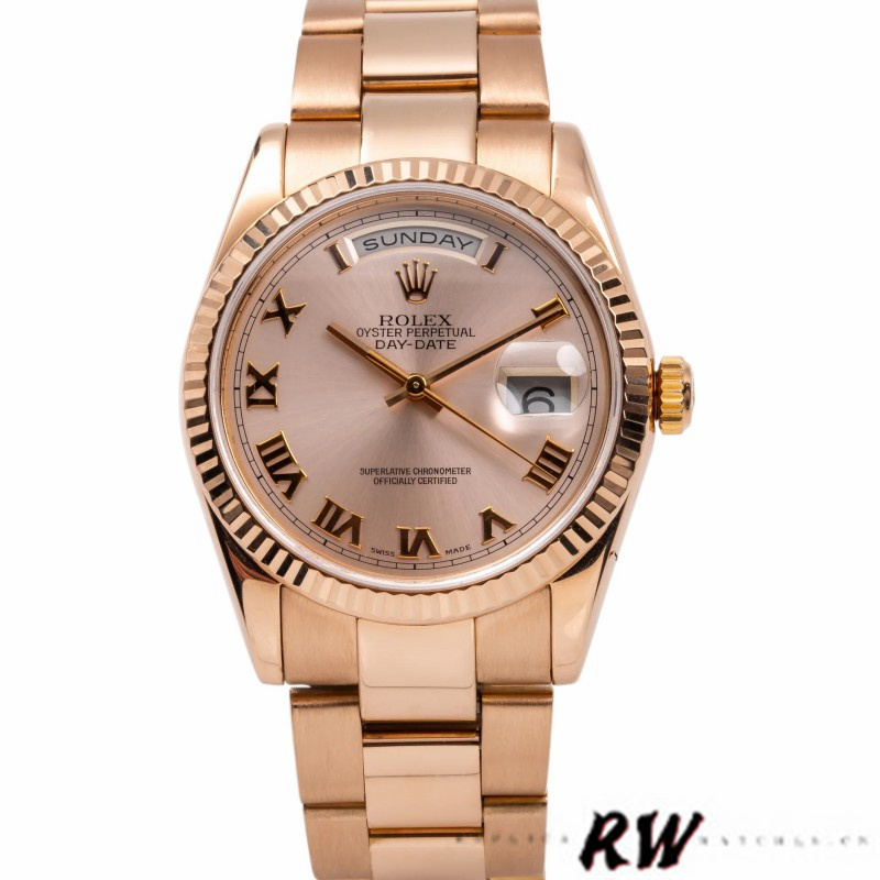 Rolex Day-Date 118235 Pink Roman Numeral dial Fluted Bezel 36mm Lady Replica Watch - Image 2