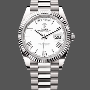 Rolex Day-Date 228239 White Roman Dial Fluted Bezel 40mm Mens Replica Watch