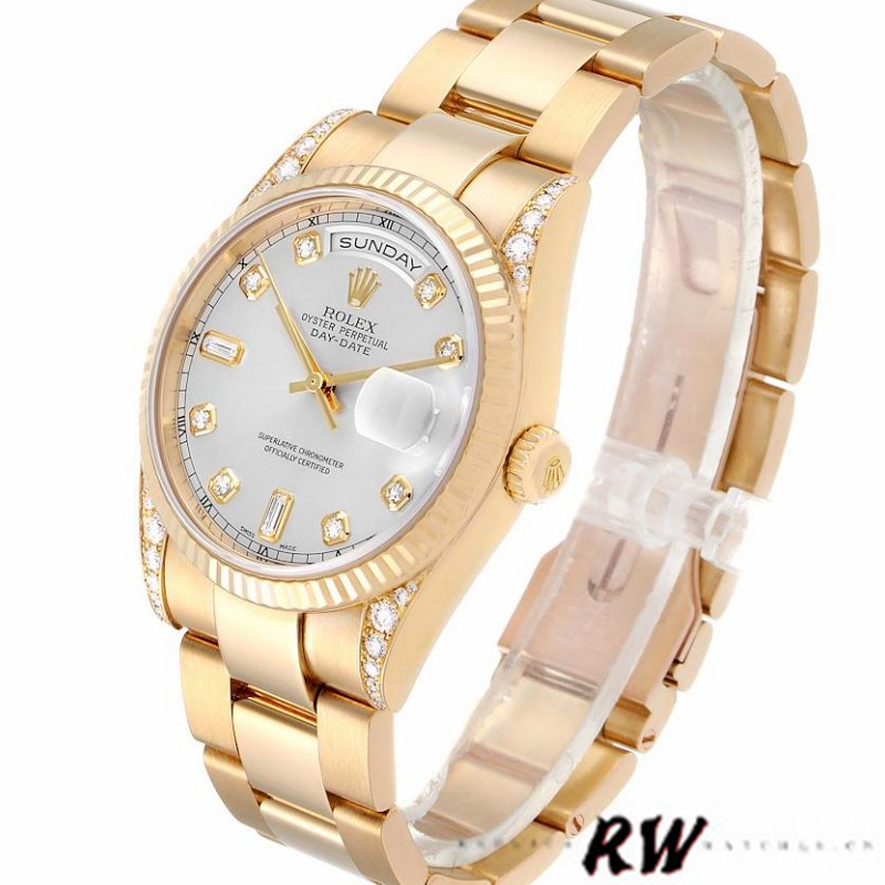 Rolex Day-Date 118338 Yellow gold Silver Diamond dial 36mm Unisex Replica Watch - Image 3