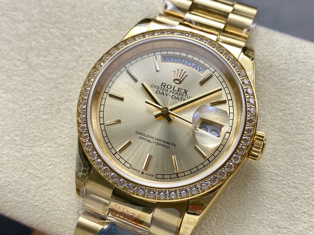Rolex Day-Date 128348RBR Champagne Index Dial Yellow Gold 36MM Unisex Replica Watch - Image 5
