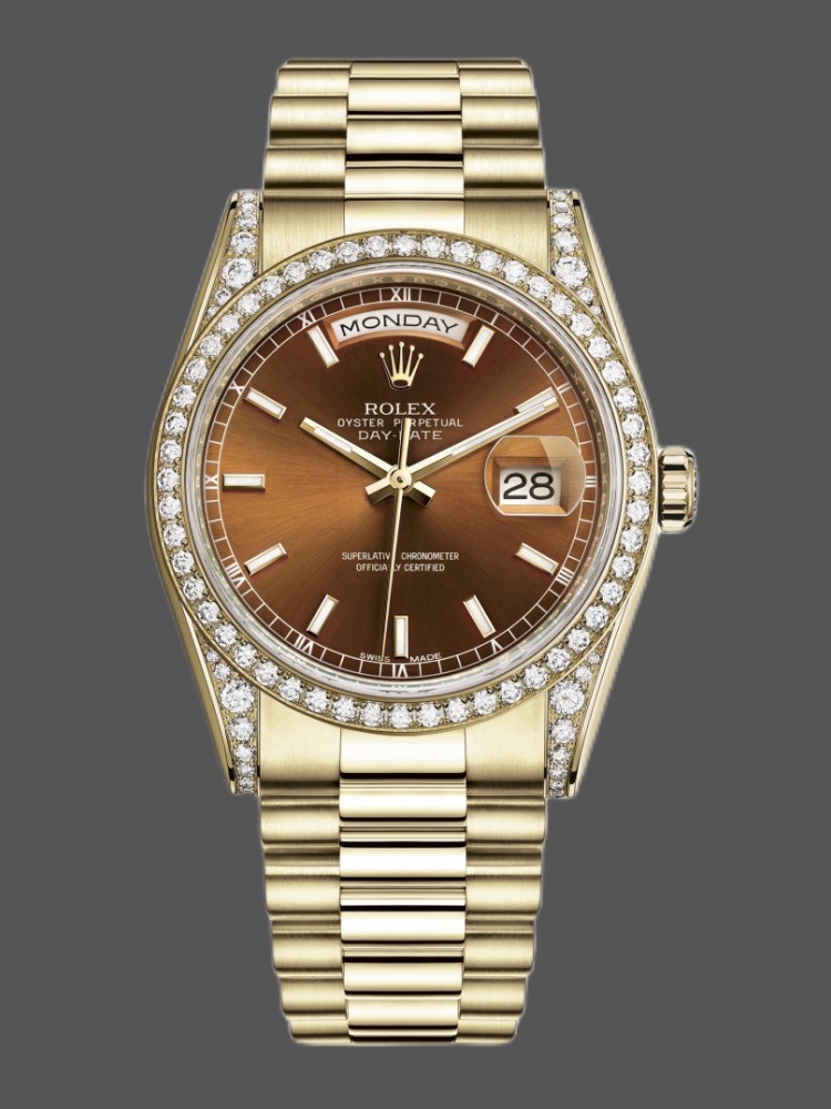 Rolex Day-Date 118388 Diamond Bezel Chocolate Brown Dial 36MM Unisex Replica Watch
