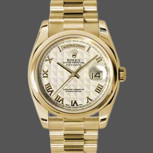 Rolex Day-Date 118208 Yellow Gold Roman Numeral Pyramid Ivory Dial 36mm Unisex Replica Watch