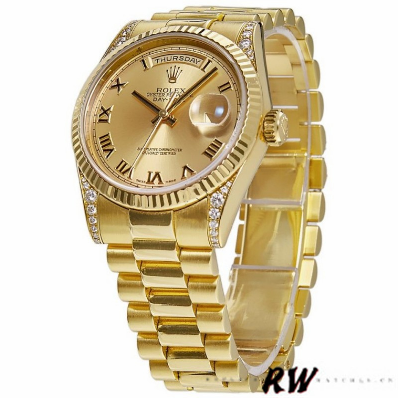 Rolex Day-Date 118338 Champagne Roman Dial Diamond Bezel 36MM Unisex Replica Watch - Image 3
