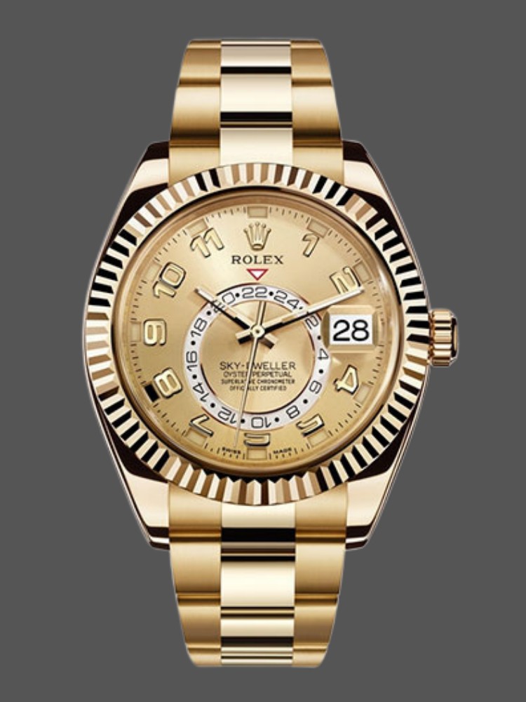 Rolex Sky-Dweller 326938 Yellow Gold Champagne Arabic Dial 42mm Mens Replica Watch