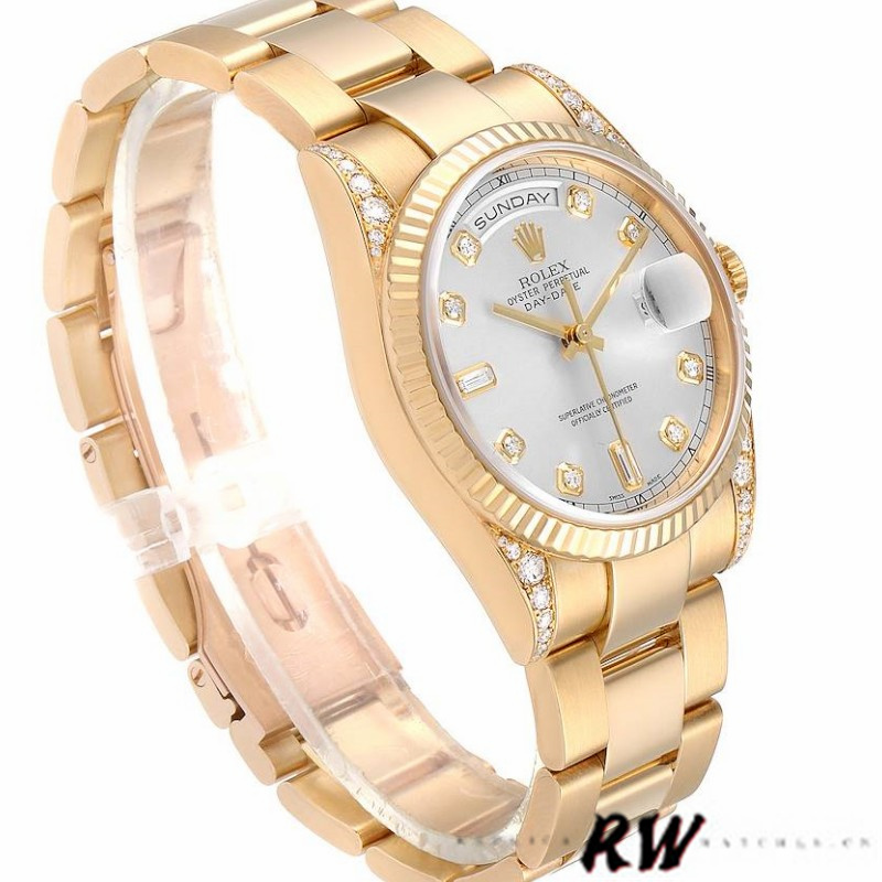 Rolex Day-Date 118338 Yellow gold Silver Diamond dial 36mm Unisex Replica Watch - Image 2