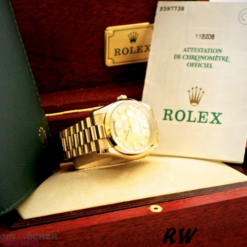 Rolex Day-Date 118208 Yellow Gold Champagne Diamond Dial 36mm Unisex Replica Watch - Image 6