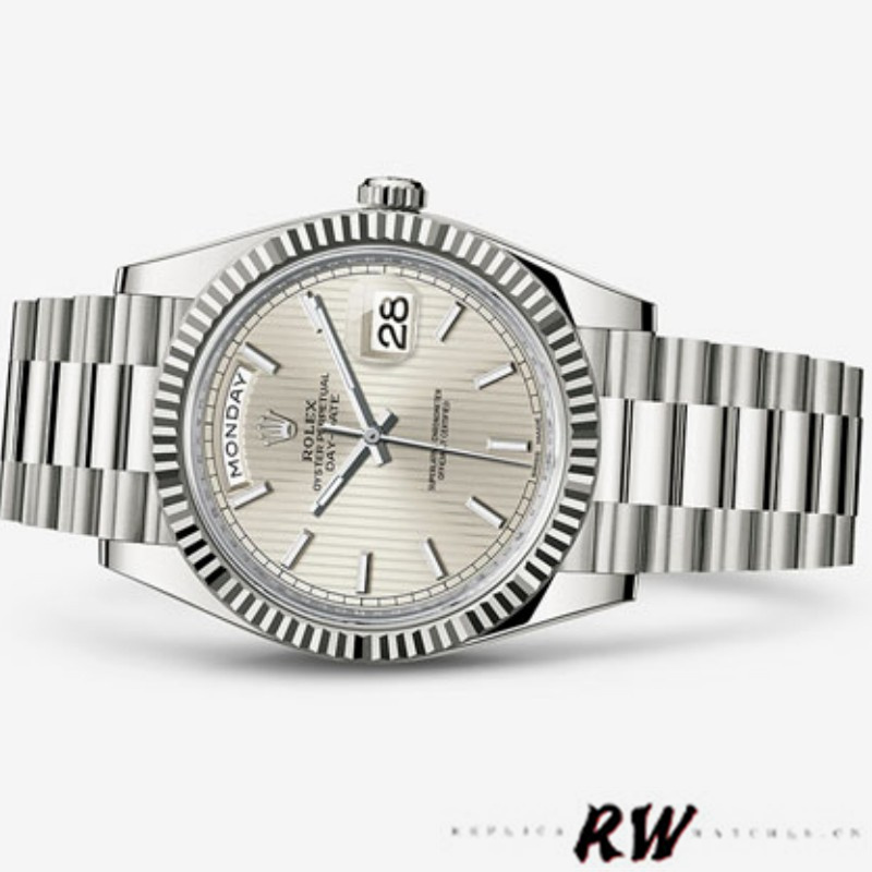 Rolex Day-Date 228239 Silver Stripe Motif Dial Fluted Bezel 40mm Mens Replica Watch - Image 3