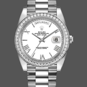 Rolex Day-Date 228349RBR White Roman Dial Diamond Bezel 40mm Mens Replica Watch
