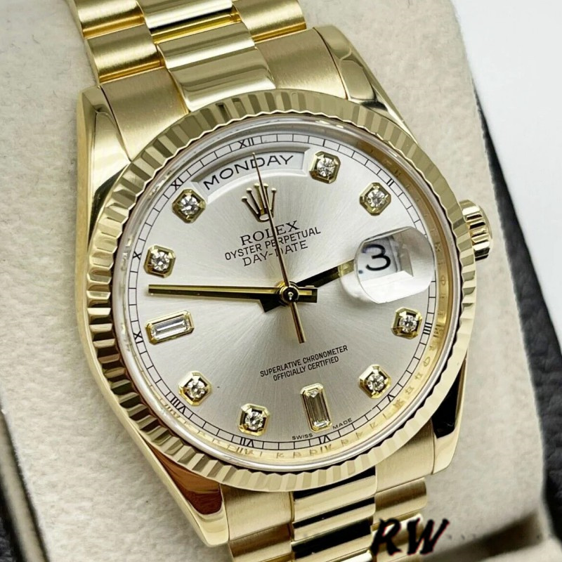 Rolex Day-Date 118238 Silver Diamond Dial 36mm Unisex Replica Watch - Image 2