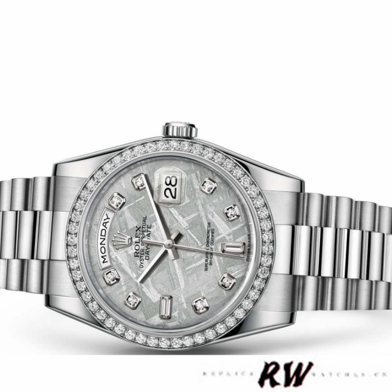 Rolex Day Date 118346 Platinum Diamond Bezel Meteorite Dial 36mm Unisex Replica Watch - Image 4