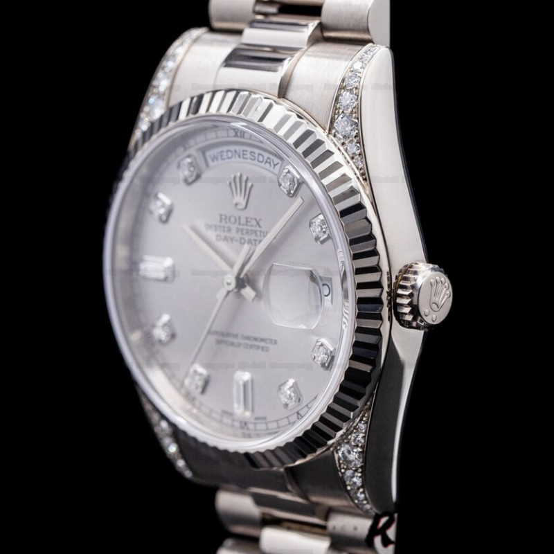 Rolex Day Date 118339 White Gold Silver Dial Fluted Bezel 36mm Unisex Replica Watch - Image 3