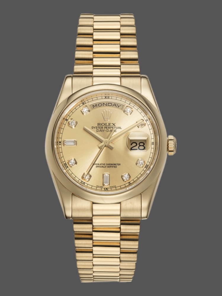 Rolex Day-Date 118208 Yellow Gold Champagne Diamond Dial 36mm Unisex Replica Watch
