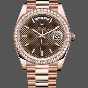 Rolex Day-Date 228345RBR Chocolate Brown Diagonal Motif Dial Diamond Bezel 40mm Mens Replica Watch
