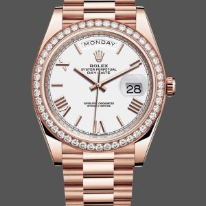 Rolex Day-Date 228345RBR White Roman Dial Diamond Bezel 40mm Mens Replica Watch