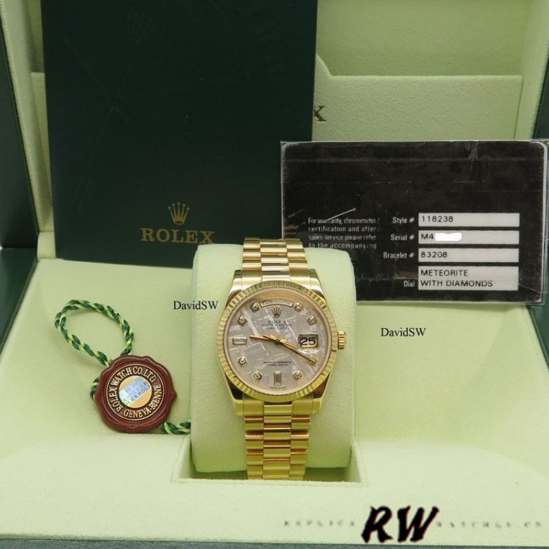 Rolex Day-Date 118238 Yellow Gold Diamond Meteorite Dial 36mm Unisex Replica Watch - Image 6