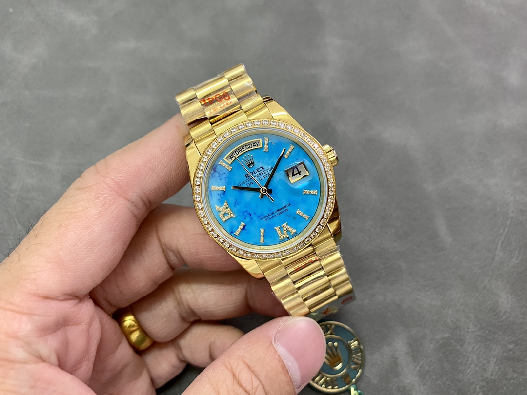 Rolex Day-Date 128348RBR Turquoise Diamond Dial Yellow Gold 36MM Unisex Replica Watch - Image 6