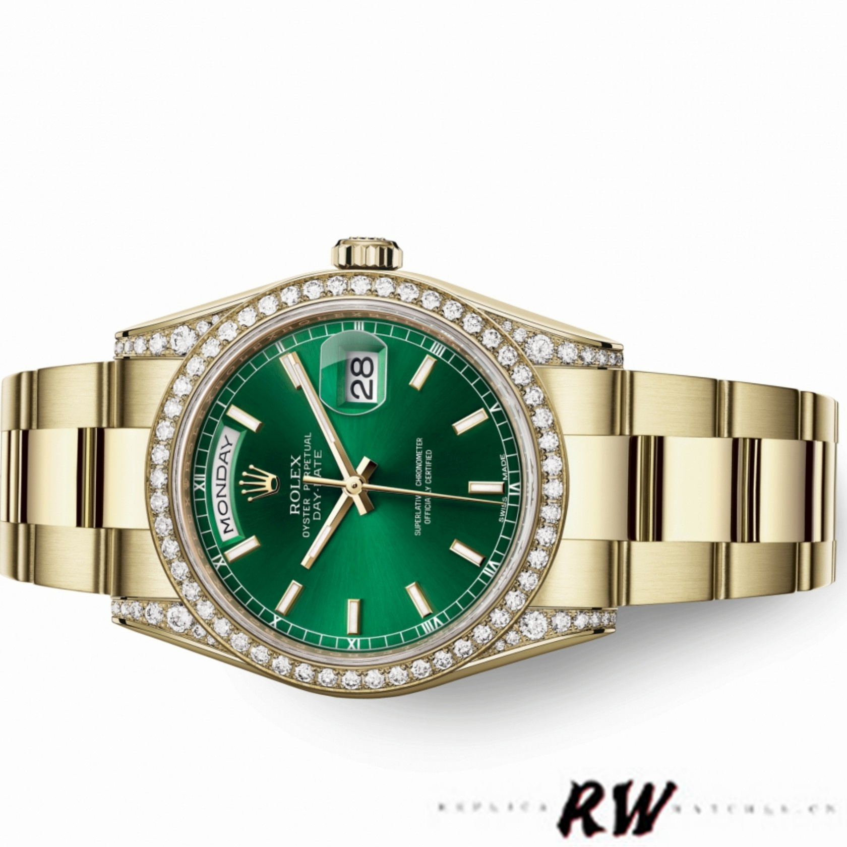 Rolex Day-Date 118388 Diamond Dezel Green Index Dial 36MM Unisex Replica Watch - Image 4