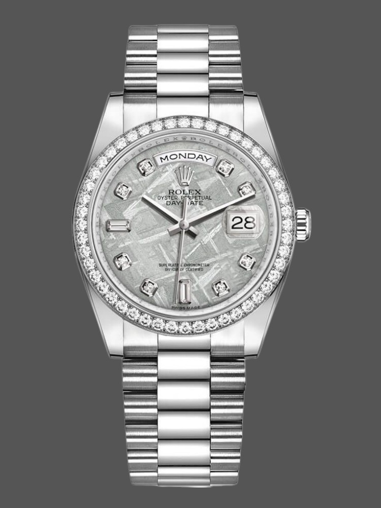 Rolex Day Date 118346 Platinum Diamond Bezel Meteorite Dial 36mm Unisex Replica Watch