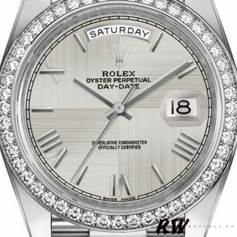 Rolex Day-Date 228349RBR Silver Roman Dial Diamond Bezel 40mm Mens Replica Watch - Image 2