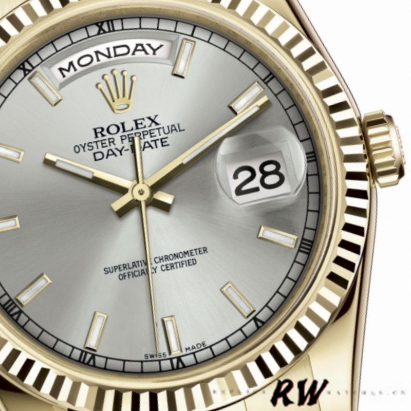Rolex Day-Date 118238 Yellow Gold Silver dial Fluted Bezel 36mm Unisex Replica Watch - Image 4