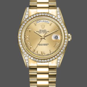 Rolex Day-Date 118388 Diamond Bezel Champagne Roman Numeral Dial 36MM Unisex Replica Watch