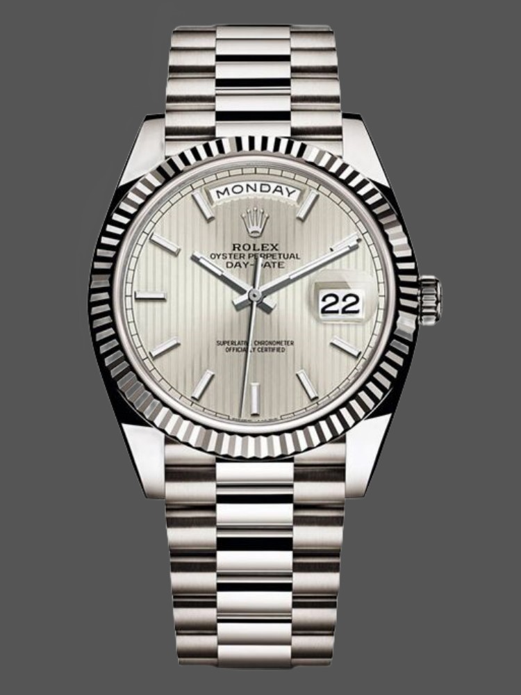 Rolex Day-Date 228239 Silver Stripe Motif Dial Fluted Bezel 40mm Mens Replica Watch