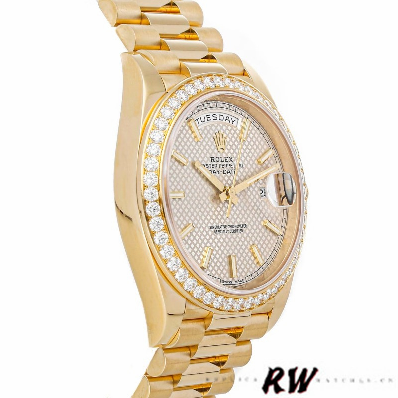 Rolex Day-Date 228348RBR Silver Diagonal Motif Dial Diamond Bezel 40mm Mens Replica Watch - Image 2