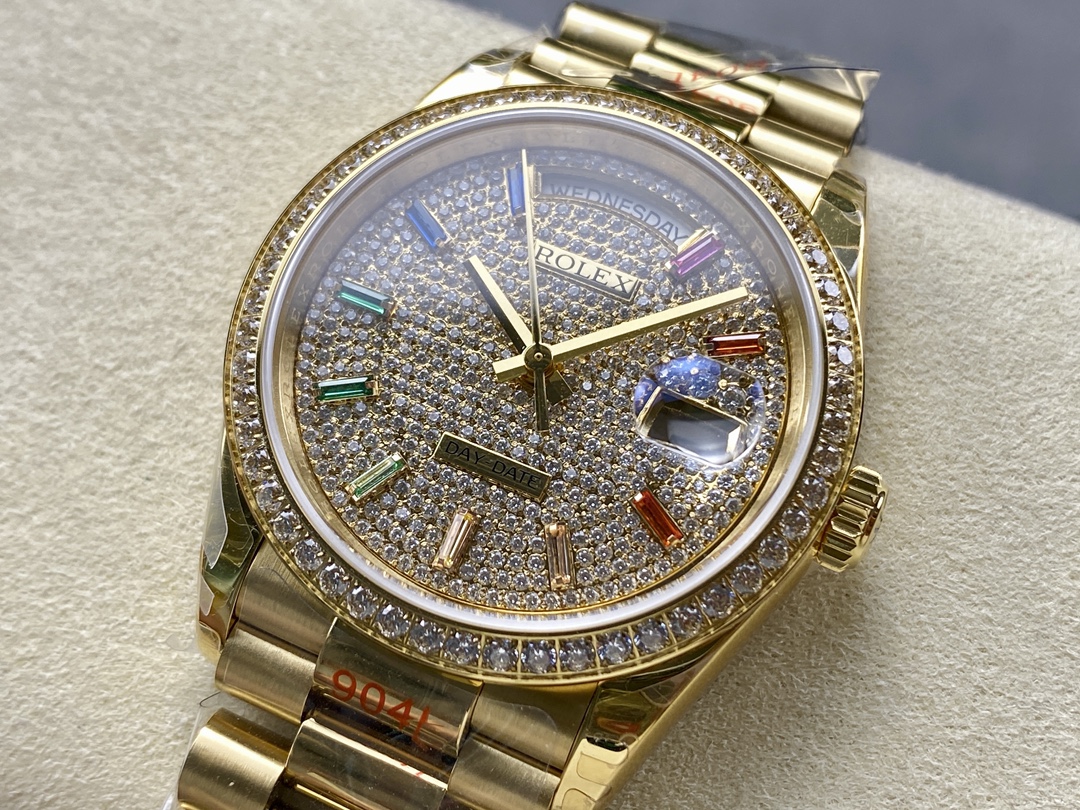 Rolex Day Date 36mm Yellow Gold 128348RBR 0030 Pave Rainbow Diamonds Sapphires Dial - Image 5