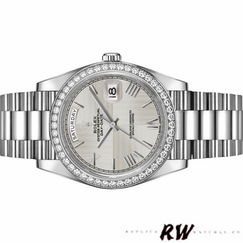 Rolex Day-Date 228349RBR Silver Roman Dial Diamond Bezel 40mm Mens Replica Watch - Image 4