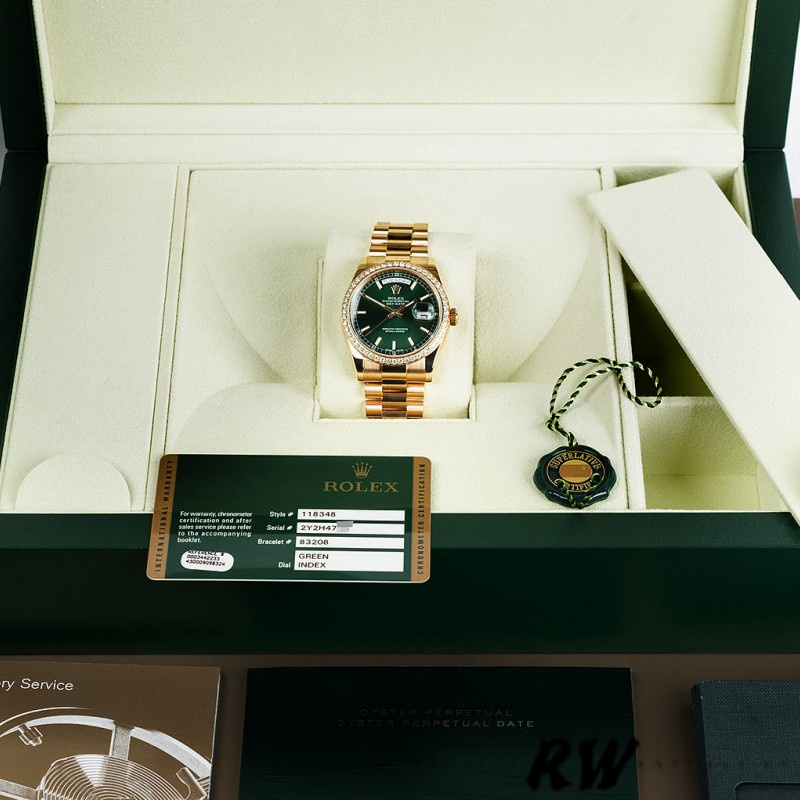 Rolex Day Date 118348 Green Index Dial Yellow Gold 36mm Unisex Replica Watch - Image 6