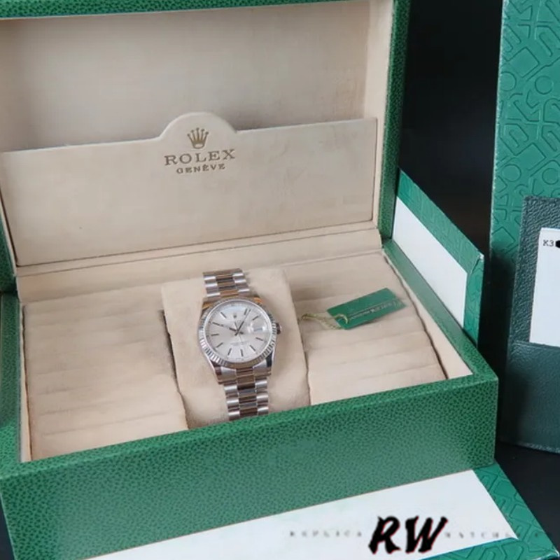 Rolex Day-Date 118239 White Gold White Dial Fluted Bezel 36mm Unisex Replica Watch - Image 6