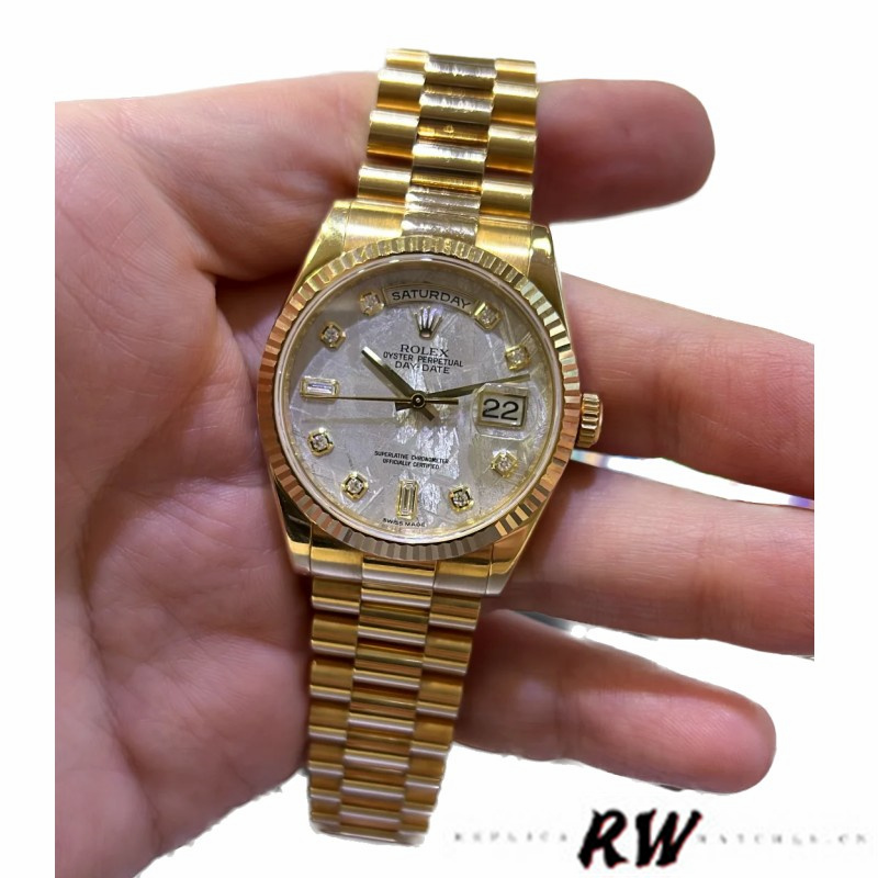 Rolex Day-Date 118238 Yellow Gold Diamond Meteorite Dial 36mm Unisex Replica Watch - Image 3