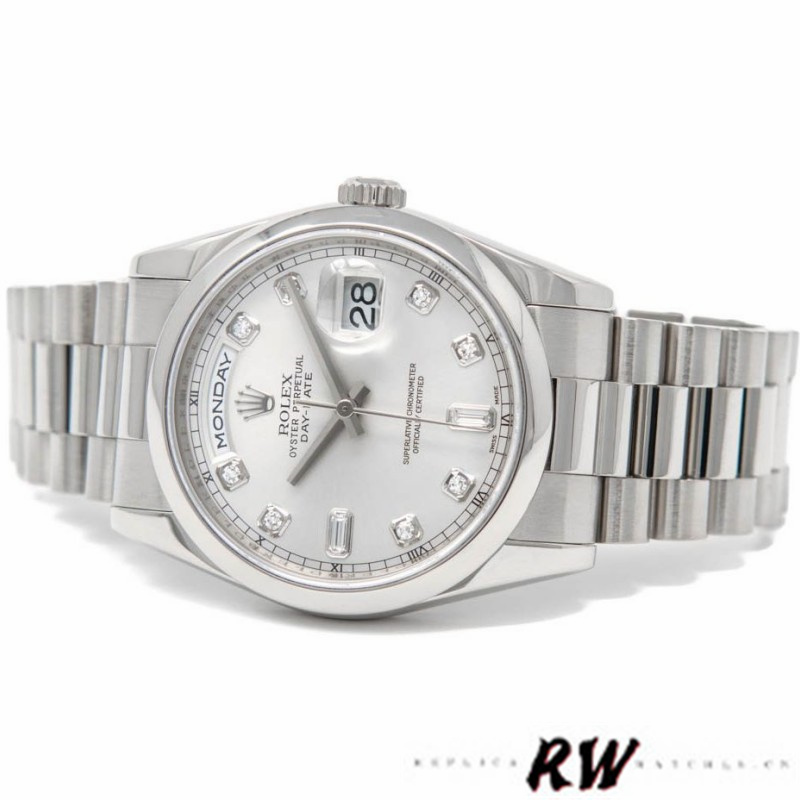 Rolex Day-Date 118209 White Gold Silver Diamond Dial Automatic 36mm Unisex Replica Watch - Image 3