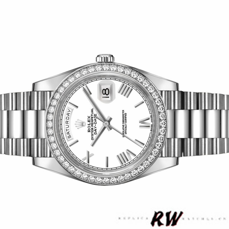 Rolex Day-Date 228349RBR White Roman Dial Diamond Bezel 40mm Mens Replica Watch - Image 4