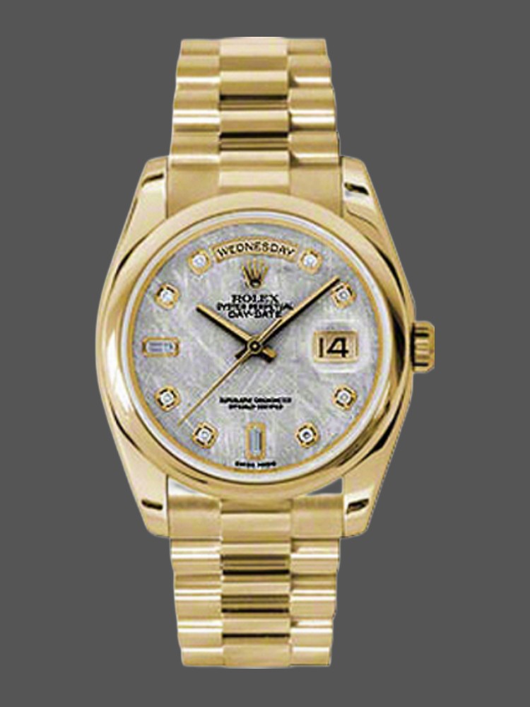 Rolex Day-Date 118208 Yellow Gold Meteorite Grey Diamond Dial 36mm Unisex Replica Watch
