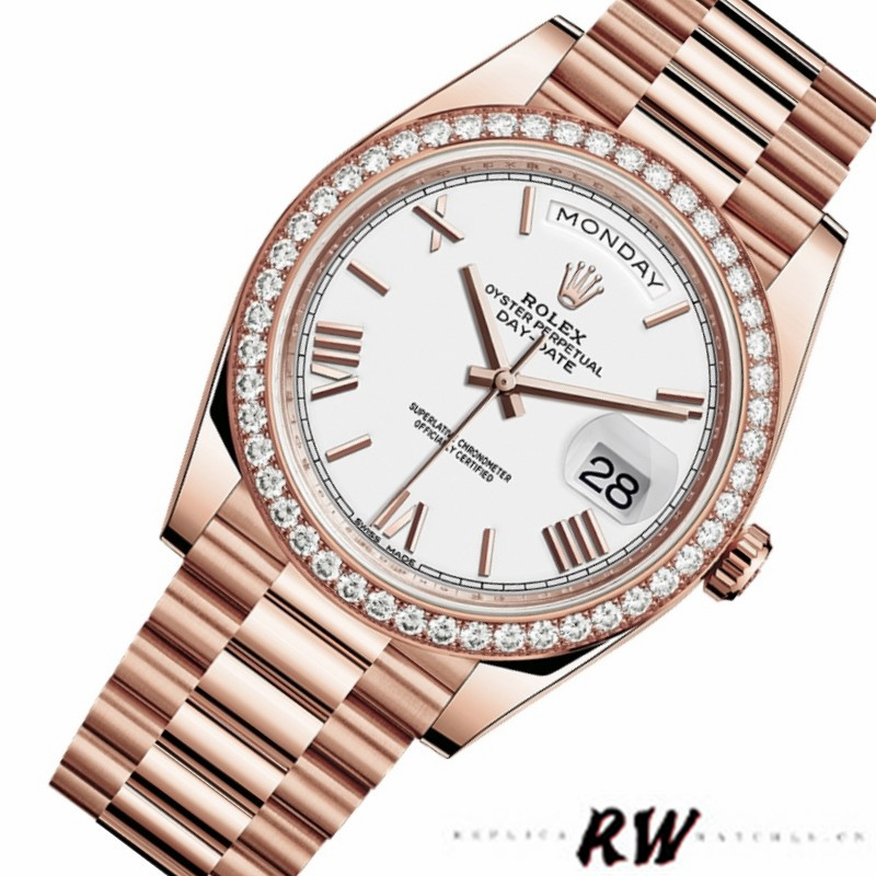 Rolex Day-Date 228345RBR White Roman Dial Diamond Bezel 40mm Mens Replica Watch - Image 2