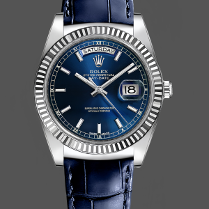 Rolex Day Date 36mm White Gold Fluted Bezel 118139 0004 Blue Index
