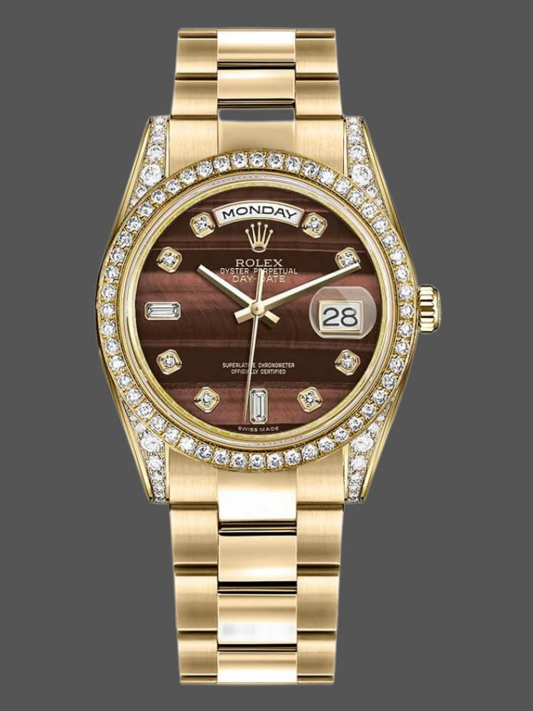 Rolex Day-Date 118388 Yellow Gold Bull's Eye Brown Dial 36mm Unisex Replica Watch