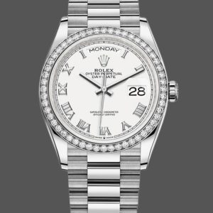 Rolex Day-Date 128349RBR White Roman Dial Diamond Bezel 36MM Unisex Replica Watch