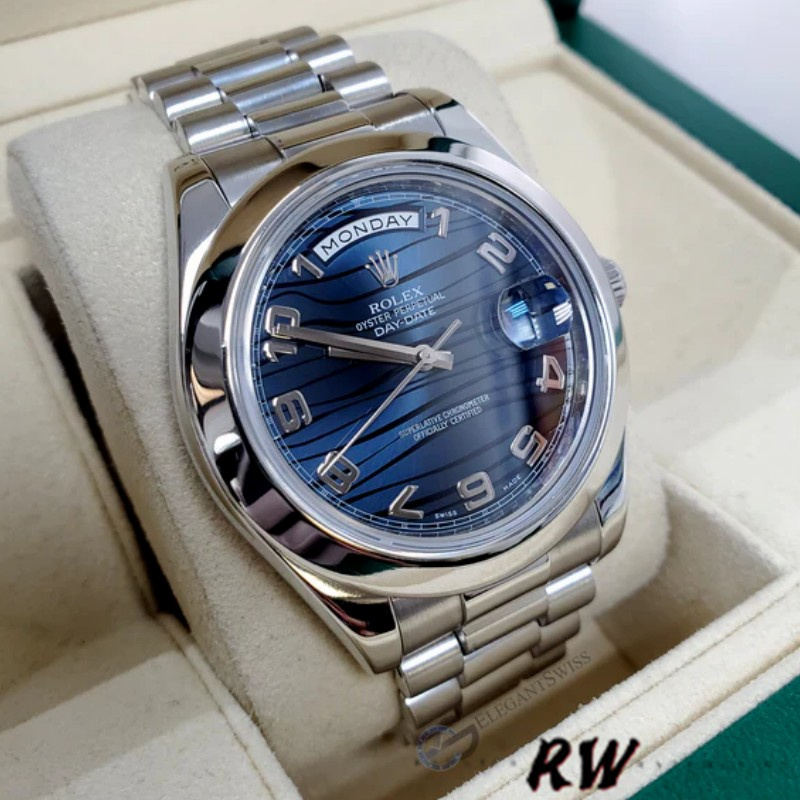 Rolex Day-Date 218206 Wave Pattern Blue Dial Platinum 41MM Mens Replica Watch - Image 3