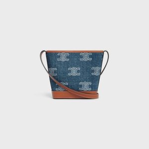 MINI BUCKET CUIR TRIOMPHE IN DENIM WITH TRIOMPHE ALL-OVER EMBROIDERY AND CALFSKIN