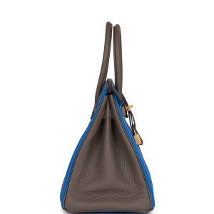 Hermes Special Order (HSS) Birkin 30 Bleu Electric and Etain Clemence Brushed Gold Hardware