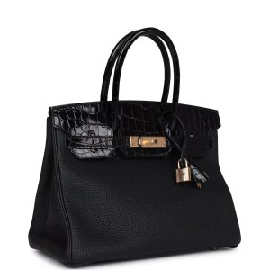 Hermes Birkin 30 Black Shiny Niloticus Crocodile and Togo Touch Rose Gold Hardware